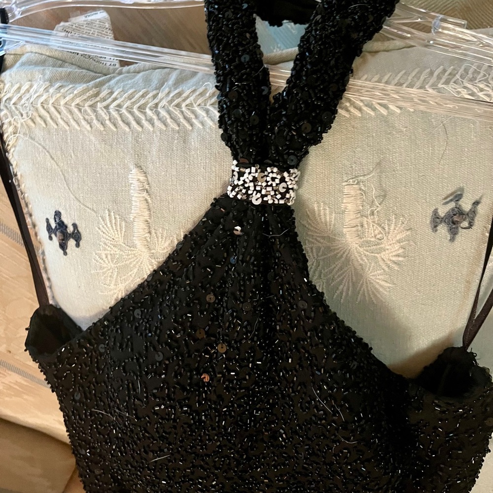 Scala Black & white Sequin asymmetrical cocktail Dress halter style , excellent